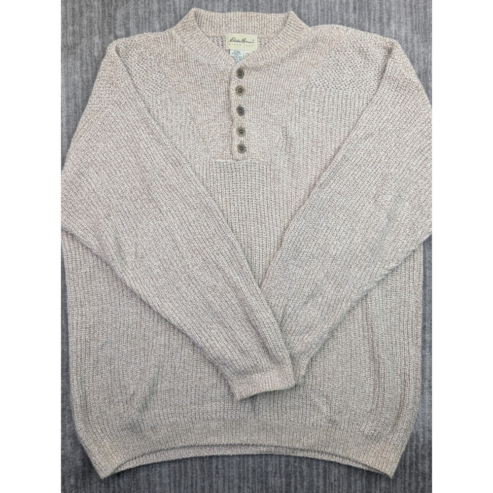 Vintage Eddie Bauer Sweater Men's 2XL Tan 90s Henley Chunky Knit Cotton USA